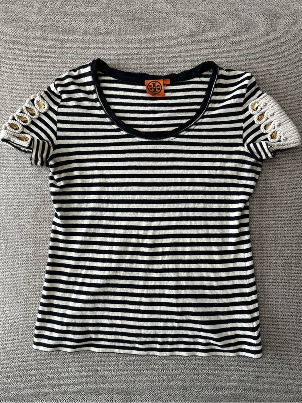 Tory Burch Black & White Nautical Striped Short-Sleeve Top Size Small